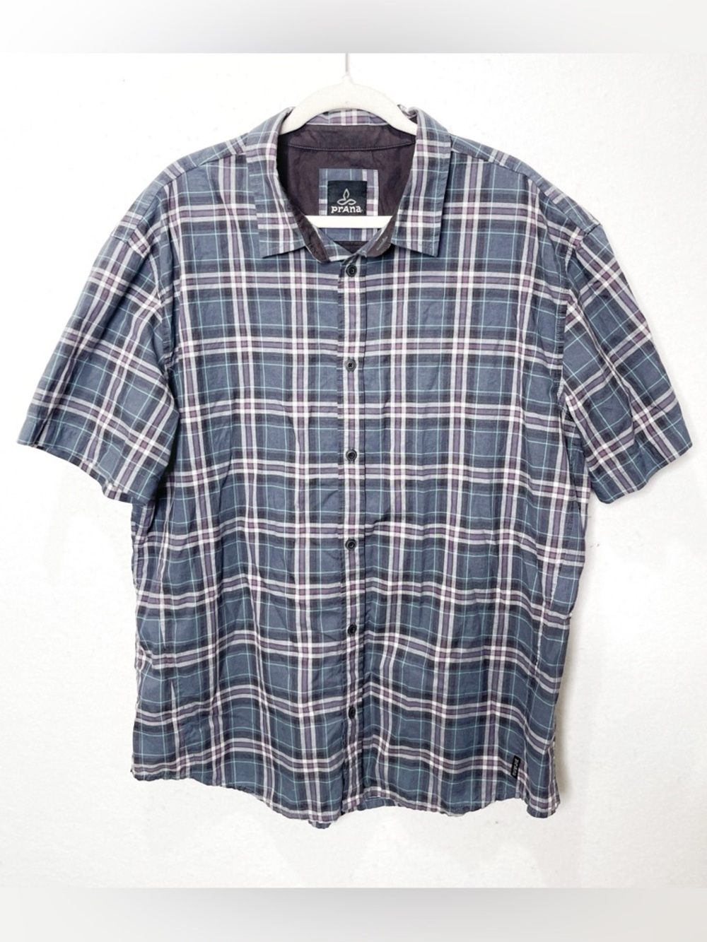 Prana Garden Plaid Shirt XXL Gray Short Sleeve Nylon Outdoor Gorpcore Hiking